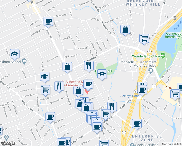 map of restaurants, bars, coffee shops, grocery stores, and more near 59 Fairview Avenue in Bridgeport