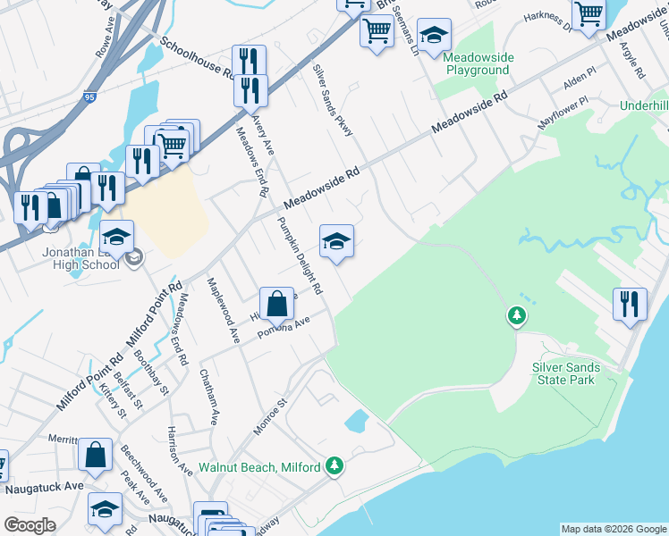 map of restaurants, bars, coffee shops, grocery stores, and more near 27 Art Street in Milford