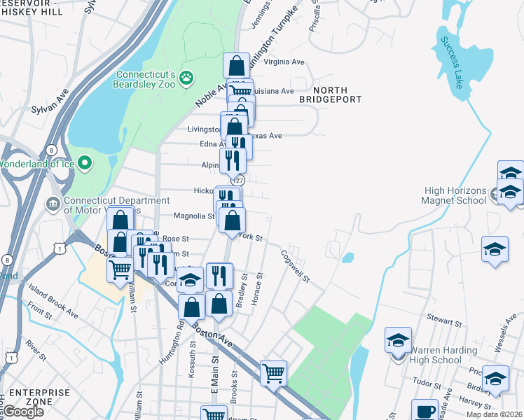 map of restaurants, bars, coffee shops, grocery stores, and more near 381 Horace Street in Bridgeport