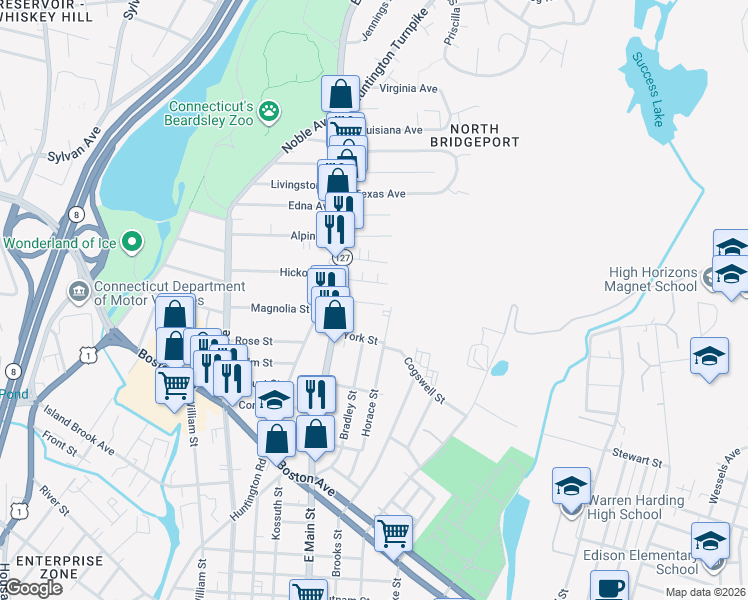 map of restaurants, bars, coffee shops, grocery stores, and more near 381 Horace Street in Bridgeport