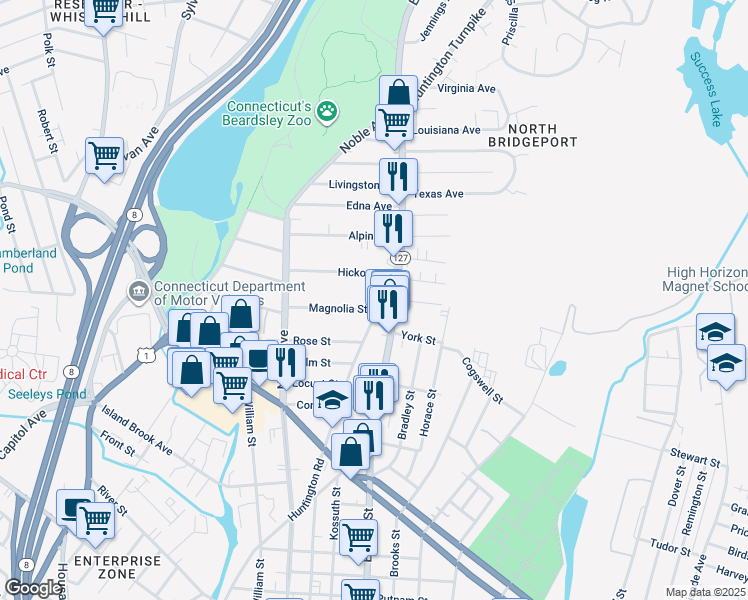 map of restaurants, bars, coffee shops, grocery stores, and more near 767 Huntington Road in Bridgeport