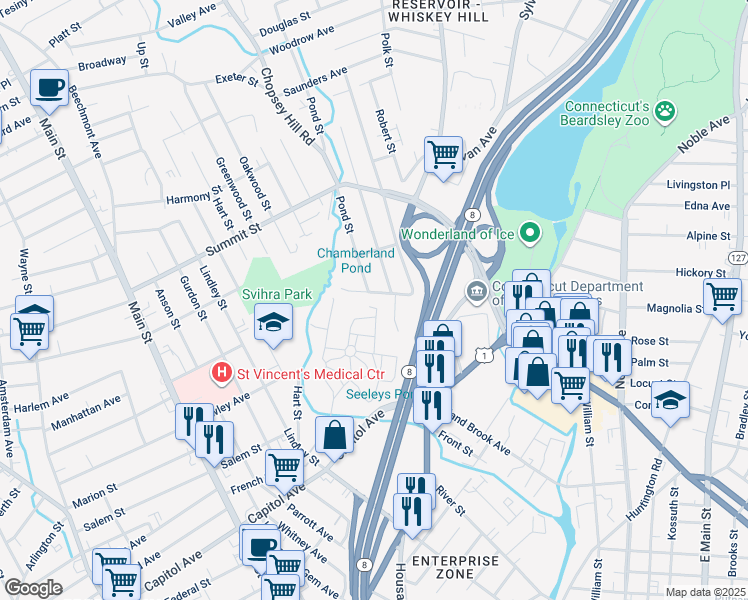 map of restaurants, bars, coffee shops, grocery stores, and more near 9 Chamberlain Place in Bridgeport