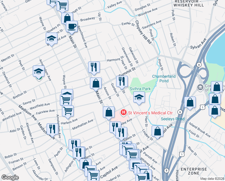 map of restaurants, bars, coffee shops, grocery stores, and more near 176 Fairview Avenue in Bridgeport
