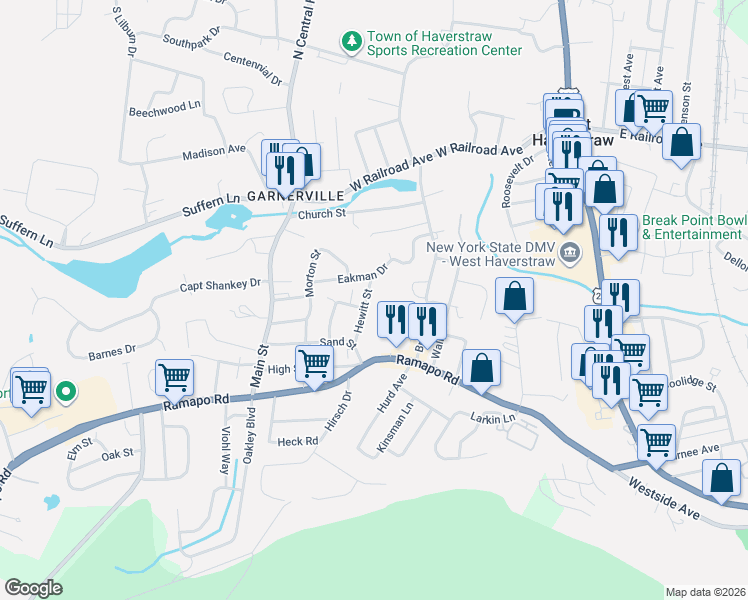 map of restaurants, bars, coffee shops, grocery stores, and more near 104 Ramapo Road in West Haverstraw