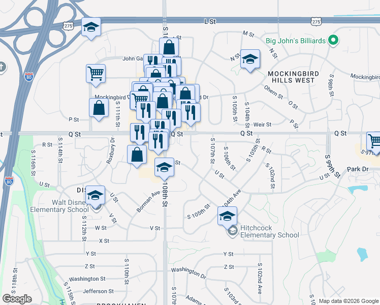 map of restaurants, bars, coffee shops, grocery stores, and more near 10768 V Street in Omaha