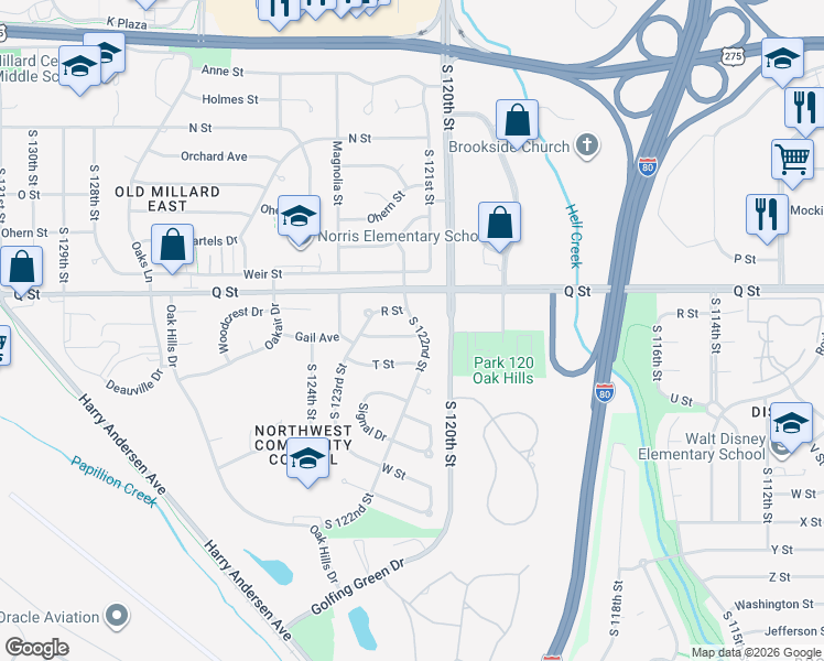 map of restaurants, bars, coffee shops, grocery stores, and more near 5430 South 122nd Street in Omaha