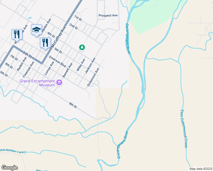 map of restaurants, bars, coffee shops, grocery stores, and more near in Encampment