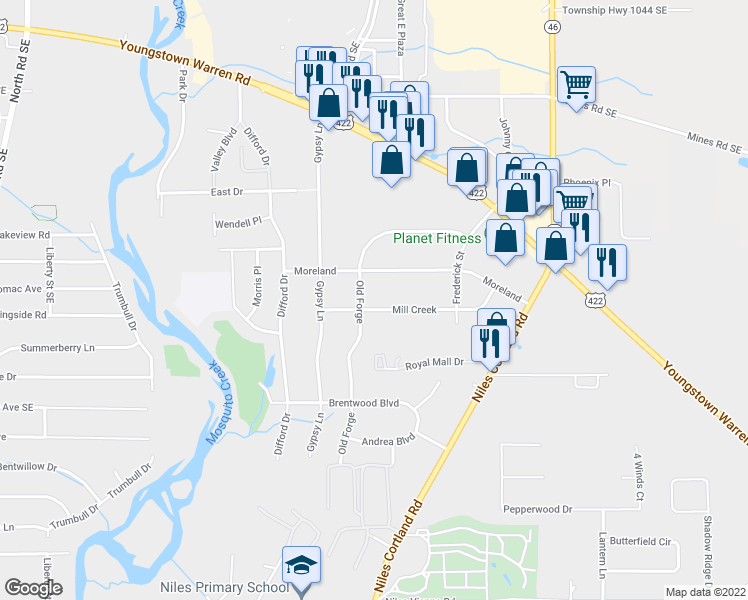 map of restaurants, bars, coffee shops, grocery stores, and more near 156 Mill Creek in Niles