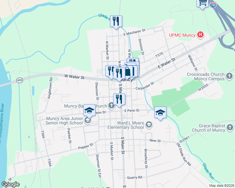 map of restaurants, bars, coffee shops, grocery stores, and more near 110 South Main Street in Muncy