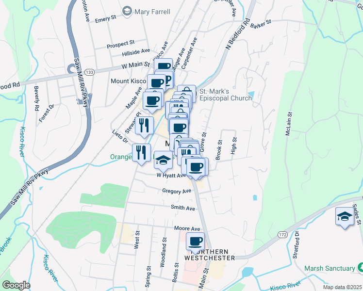 map of restaurants, bars, coffee shops, grocery stores, and more near 193 Main Street in Mount Kisco
