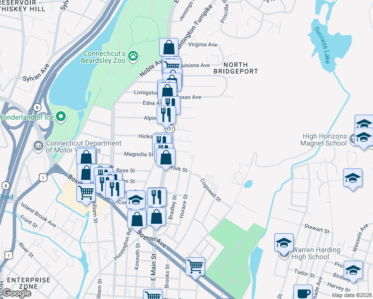 map of restaurants, bars, coffee shops, grocery stores, and more near 381 Horace Street in Bridgeport