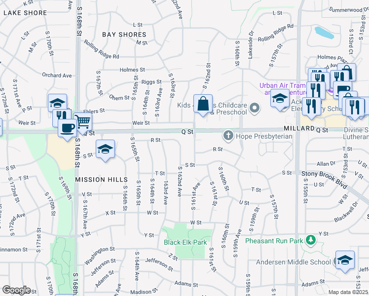 map of restaurants, bars, coffee shops, grocery stores, and more near 5315 South 162nd Avenue in Omaha