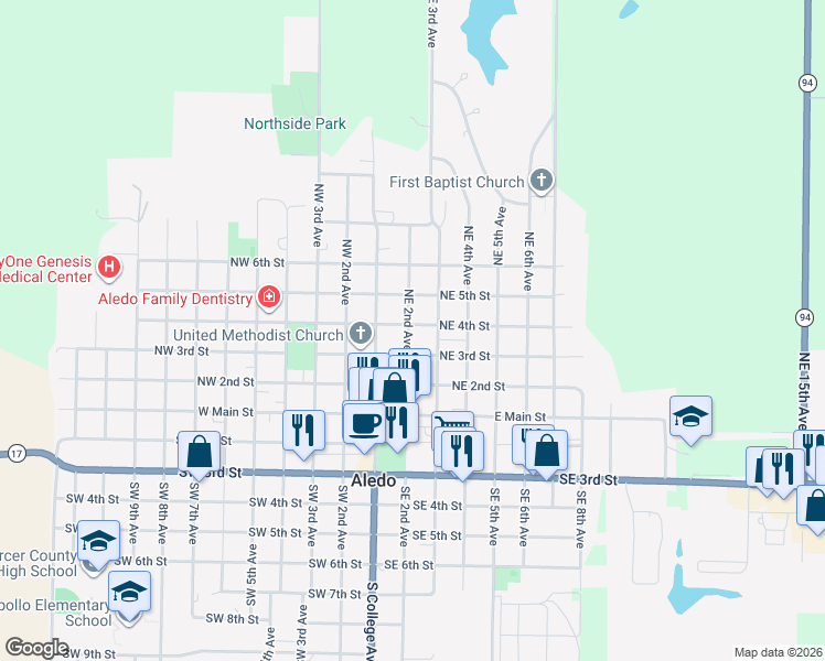 map of restaurants, bars, coffee shops, grocery stores, and more near 213 Northeast 4th Street in Aledo
