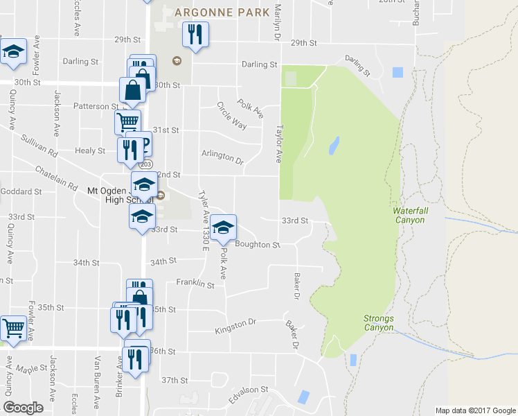 map of restaurants, bars, coffee shops, grocery stores, and more near 3295 Taylor Avenue in Ogden