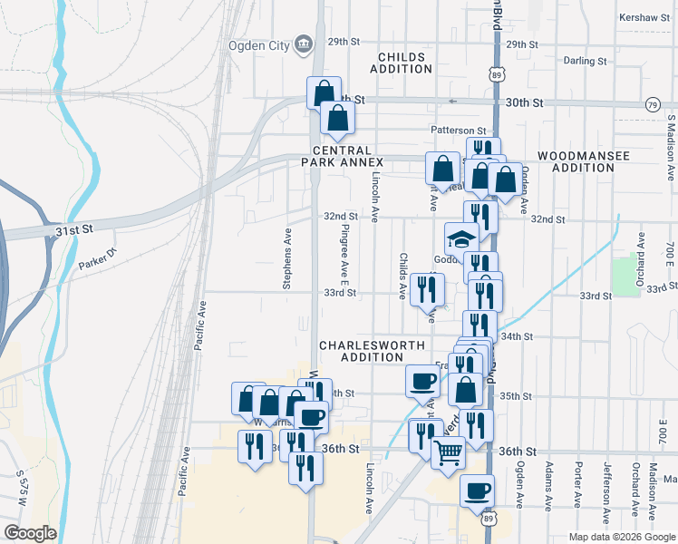 map of restaurants, bars, coffee shops, grocery stores, and more near 3291 Pingree Avenue East in Ogden