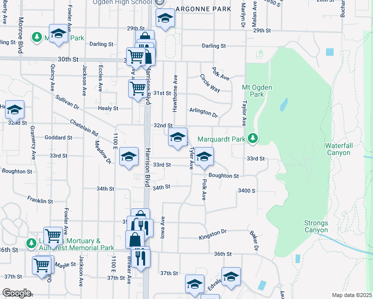 map of restaurants, bars, coffee shops, grocery stores, and more near 3265 Tyler Avenue in Ogden