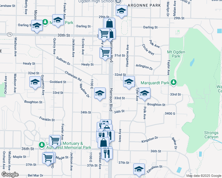 map of restaurants, bars, coffee shops, grocery stores, and more near 3260 Harrison Boulevard in Ogden