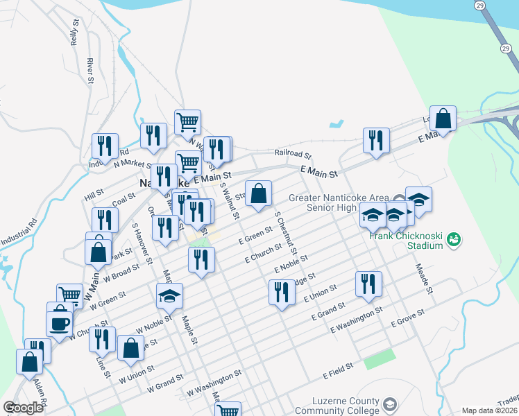 map of restaurants, bars, coffee shops, grocery stores, and more near 272 East Green Street in Nanticoke