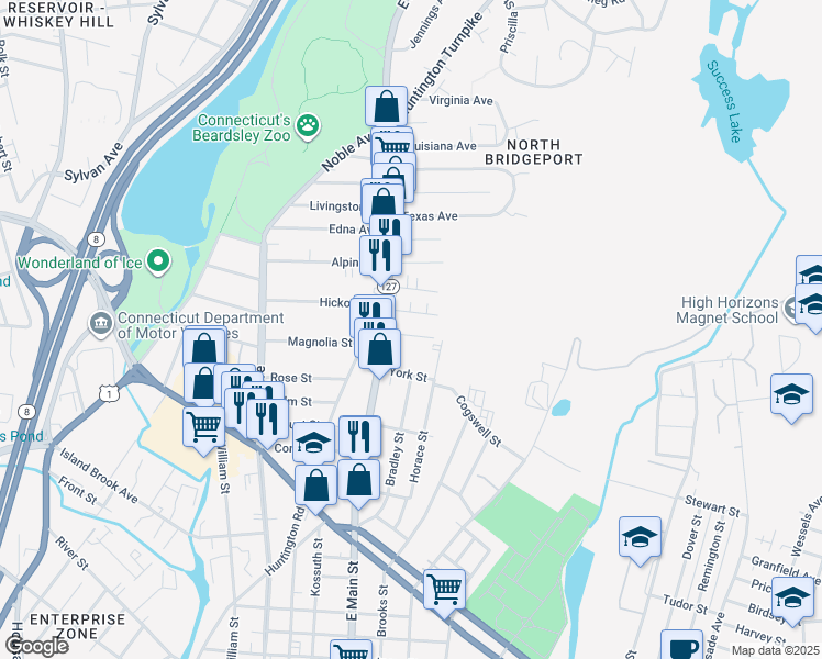 map of restaurants, bars, coffee shops, grocery stores, and more near 381 Horace Street in Bridgeport