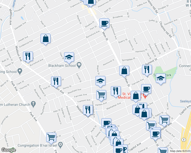 map of restaurants, bars, coffee shops, grocery stores, and more near 350 Amsterdam Avenue in Bridgeport