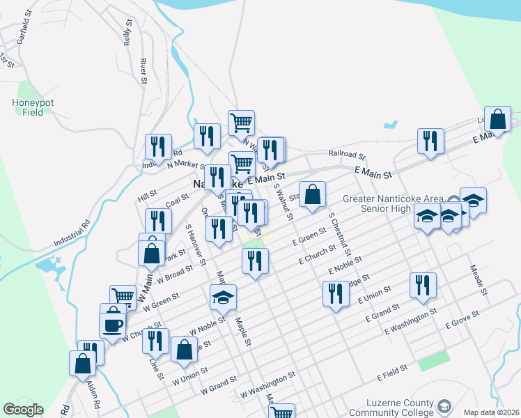 map of restaurants, bars, coffee shops, grocery stores, and more near 146 East Broad Street in Nanticoke