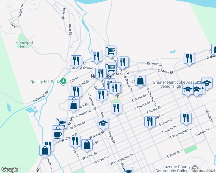 map of restaurants, bars, coffee shops, grocery stores, and more near 145 S Market St in Nanticoke