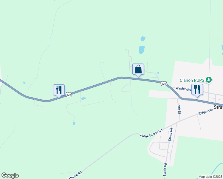 map of restaurants, bars, coffee shops, grocery stores, and more near 1-199 Spring Lane in Clarion