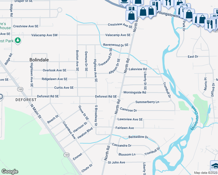 map of restaurants, bars, coffee shops, grocery stores, and more near 713 Mauro Circle Southeast in Warren