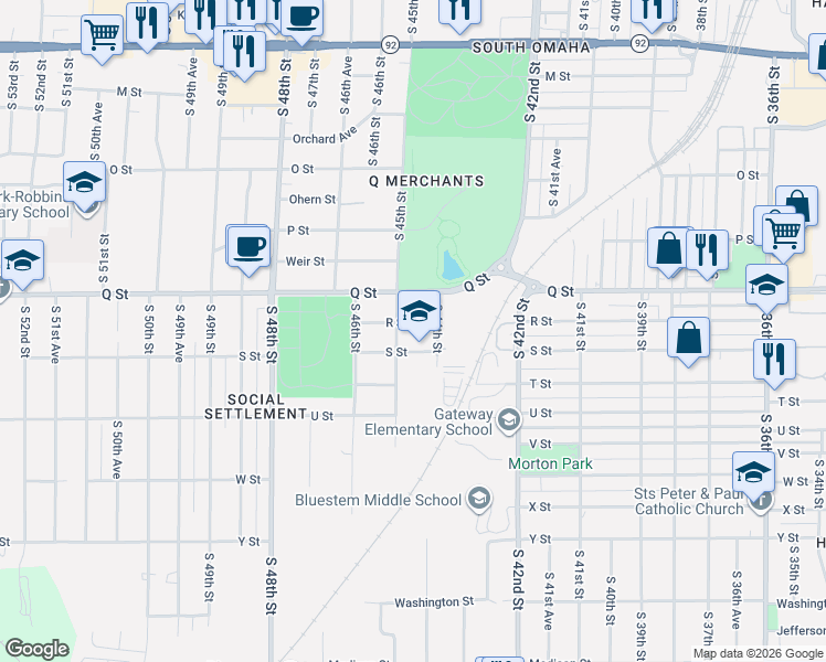 map of restaurants, bars, coffee shops, grocery stores, and more near 4401 S Street in Omaha