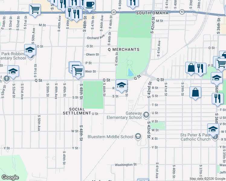 map of restaurants, bars, coffee shops, grocery stores, and more near 4511 S Street in Omaha