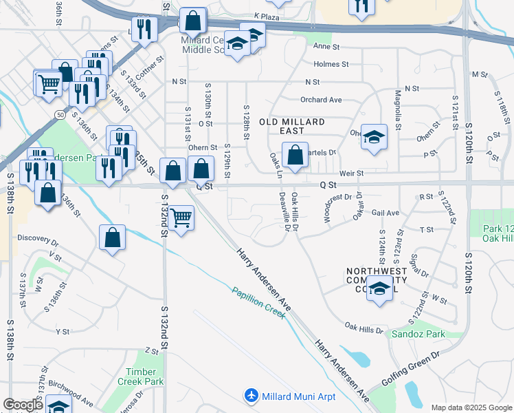 map of restaurants, bars, coffee shops, grocery stores, and more near 12775 Woodcrest Plaza in Omaha