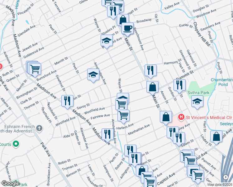 map of restaurants, bars, coffee shops, grocery stores, and more near 252 Savoy Street in Bridgeport