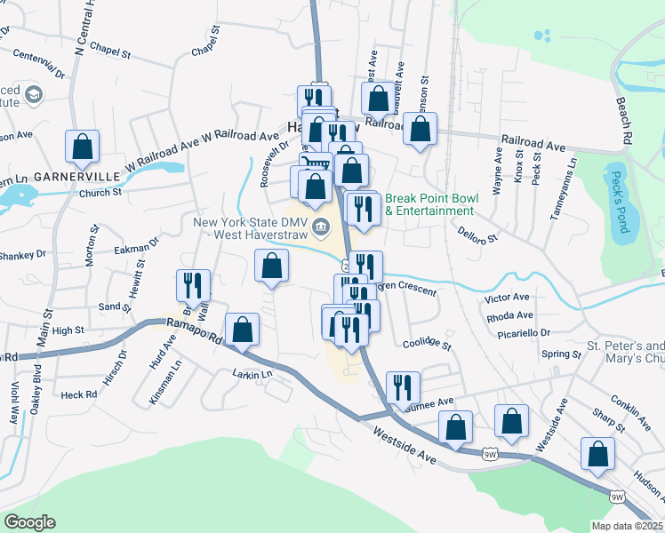 map of restaurants, bars, coffee shops, grocery stores, and more near 53 Route 9W in West Haverstraw