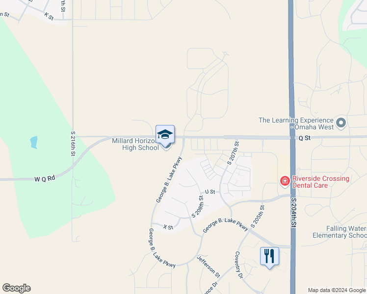 map of restaurants, bars, coffee shops, grocery stores, and more near George B. Lake Parkway in Omaha