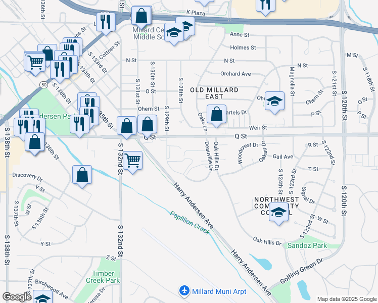 map of restaurants, bars, coffee shops, grocery stores, and more near 12775 Woodcrest Plaza in Omaha