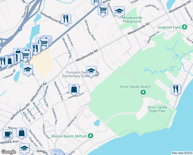 map of restaurants, bars, coffee shops, grocery stores, and more near 24 Art Street in Milford