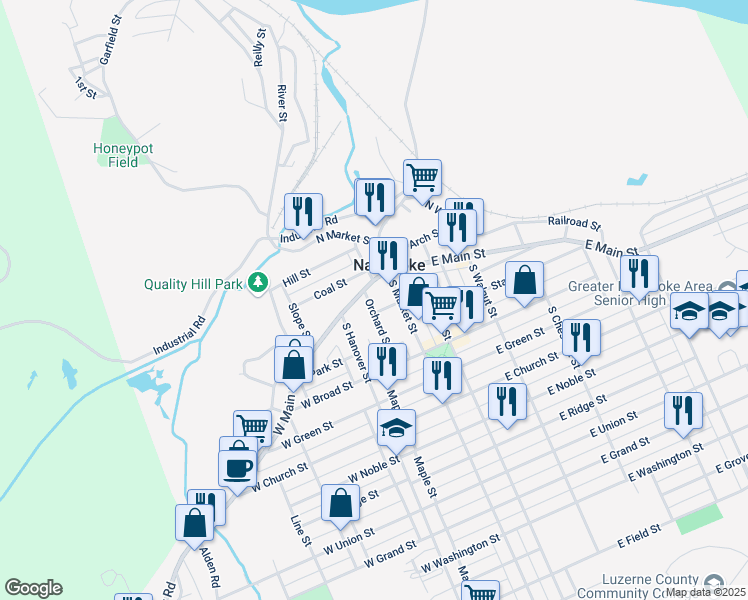 map of restaurants, bars, coffee shops, grocery stores, and more near 56-58 North Market Street in Nanticoke