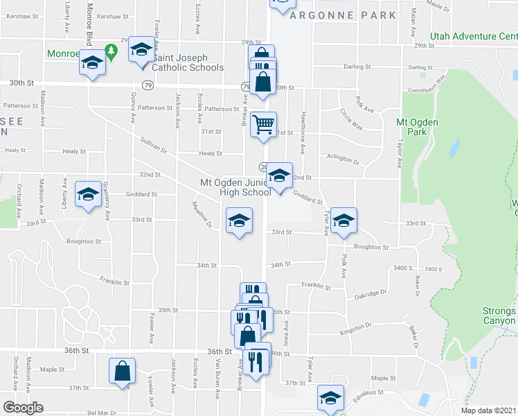 map of restaurants, bars, coffee shops, grocery stores, and more near 3225 Harrison Boulevard in Ogden