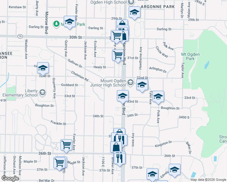 map of restaurants, bars, coffee shops, grocery stores, and more near 3225 Harrison Boulevard in Ogden