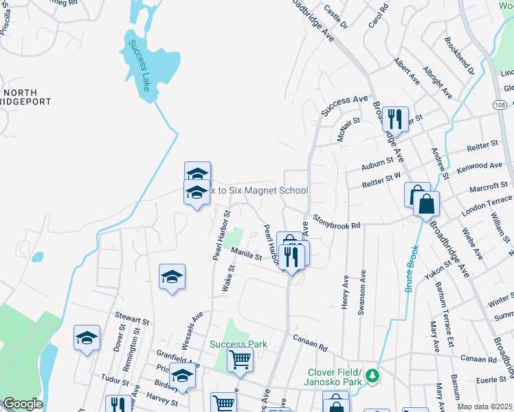 map of restaurants, bars, coffee shops, grocery stores, and more near 82 Pearl Harbor Circle in Bridgeport