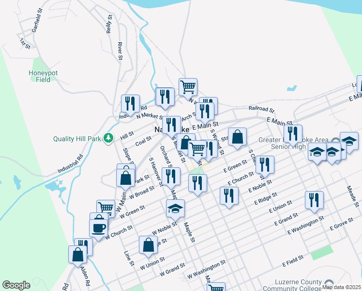 map of restaurants, bars, coffee shops, grocery stores, and more near 23 South Prospect Street in Nanticoke