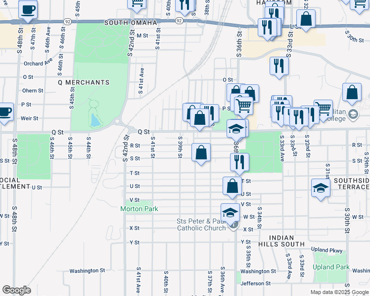 map of restaurants, bars, coffee shops, grocery stores, and more near 3801 Q Street in Omaha