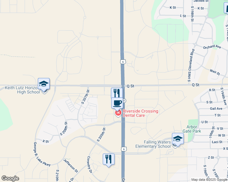 map of restaurants, bars, coffee shops, grocery stores, and more near 20400-20578 Q Street in Douglas County