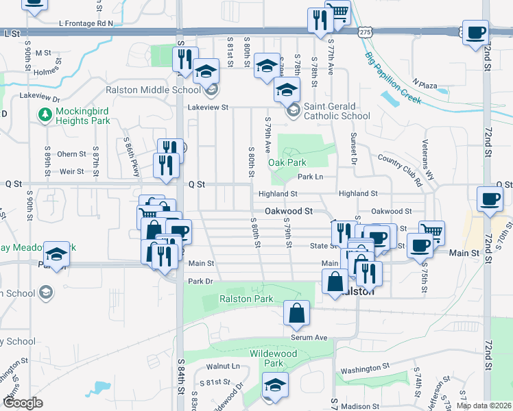 map of restaurants, bars, coffee shops, grocery stores, and more near 5225 South 80th Street in Ralston
