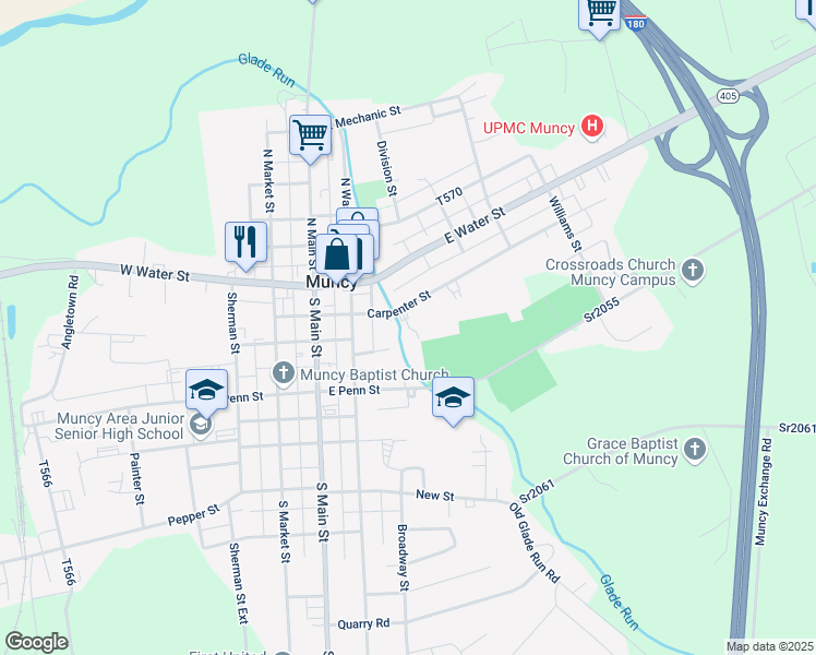 map of restaurants, bars, coffee shops, grocery stores, and more near 108 Carpenter Street in Muncy