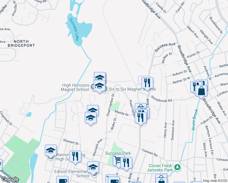 map of restaurants, bars, coffee shops, grocery stores, and more near 601 Pearl Harbor Street in Bridgeport