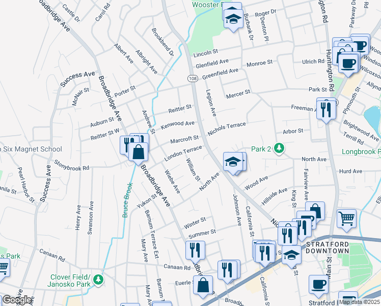 map of restaurants, bars, coffee shops, grocery stores, and more near 75 London Terrace in Stratford