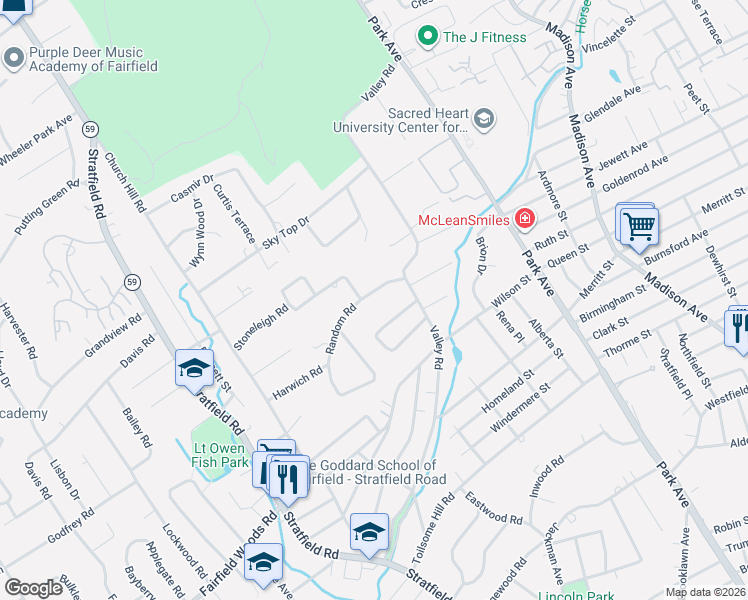 map of restaurants, bars, coffee shops, grocery stores, and more near 78 Random Road in Fairfield