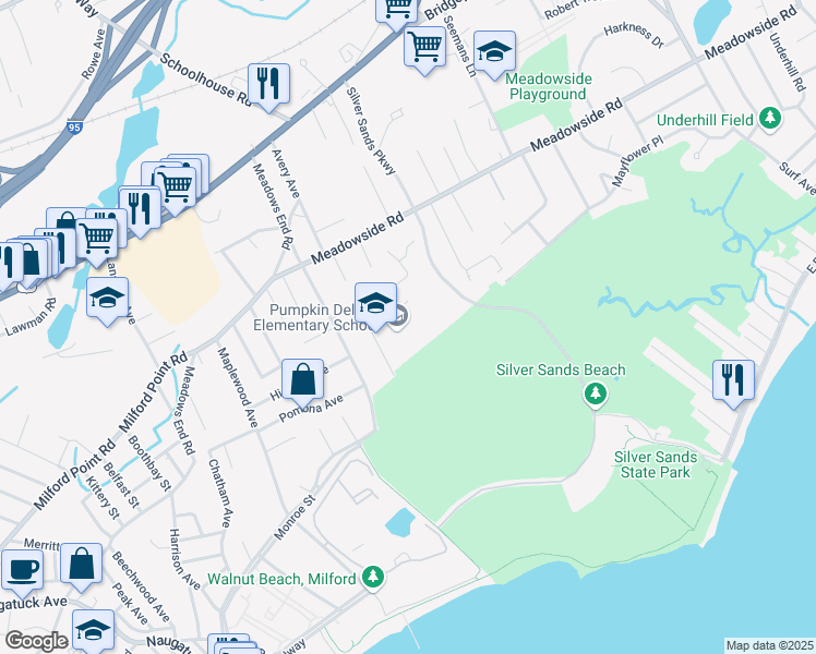 map of restaurants, bars, coffee shops, grocery stores, and more near 24 Art Street in Milford