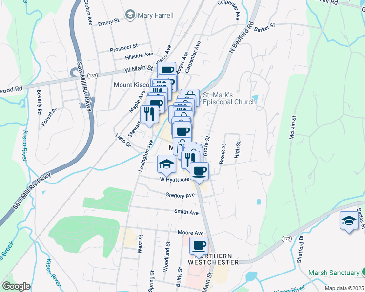 map of restaurants, bars, coffee shops, grocery stores, and more near 161-163 Main Street in Mount Kisco